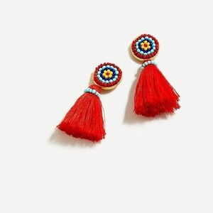 NWT J Crew Fun Seed Bead Red Tassel Earrings Boho